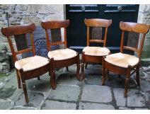 Chairs 4 rustic cherry wood and straw 19th