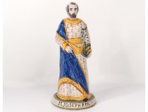 Statuette faience Quimper Saint-Joseph PPN flowers hermines XIXth century