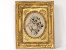 Table embroidery frame wood stuqué gilded bouquet flowers Empire frame XIXth c.