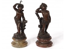 Pair sculptures bronze subjects two children cherubs Berthoz marble XIXth c.