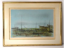 Lithograph Jean Carzou landscape stranded boats beach sea 1959 20th century