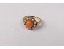 Gold ring 14 carat coral small pearls gold ring 3,84gr XXth century