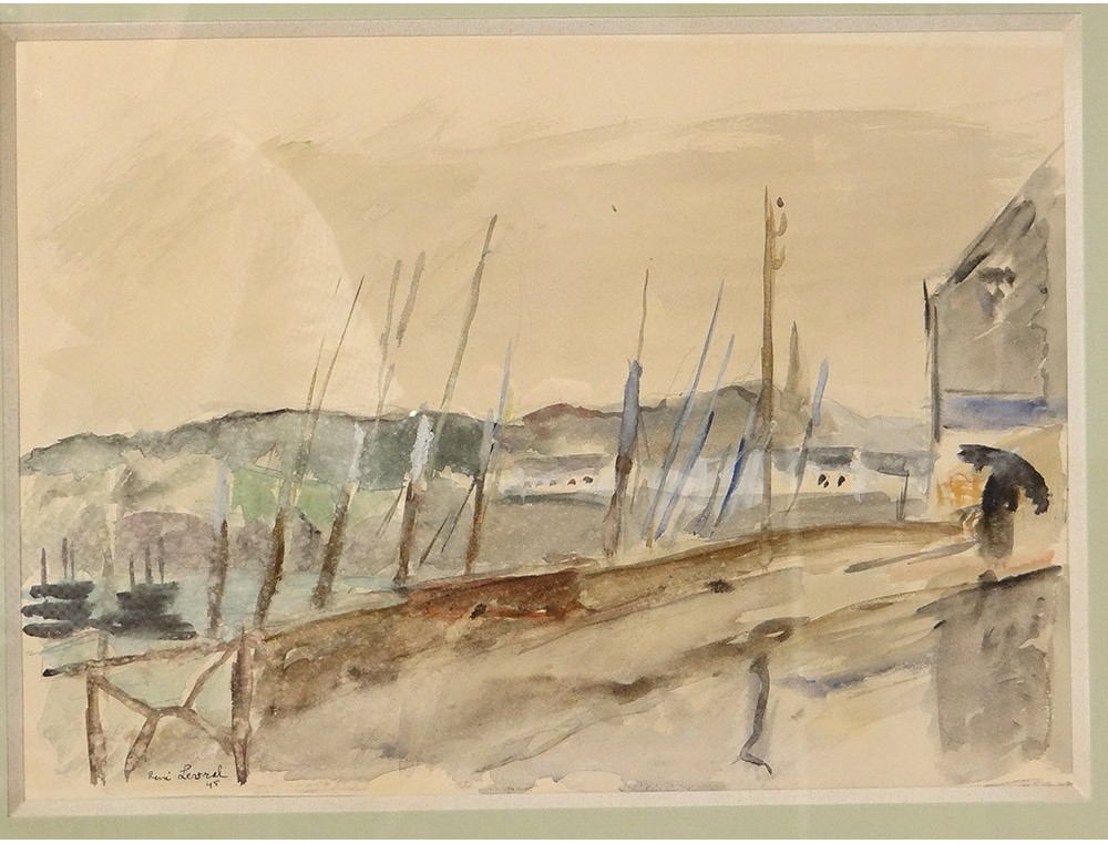 Watercolor René Levrel marine port quays boats watercolor 20th century