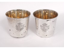 Pair small goblets solid silver curons Farmers Monograms 18th