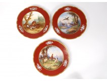 3 plates porcelain Paris Le Rosey animals fox hunting gardener XIX