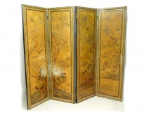 Screen 4 leaves Japan wood lacquered landscapes birds bamboo pond XIXth